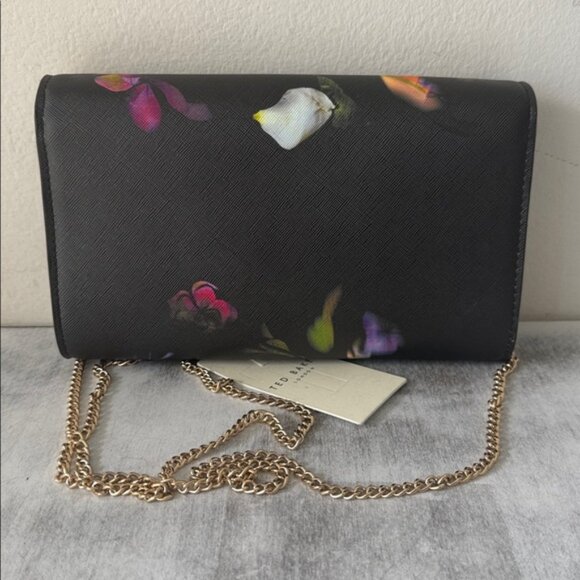Ted Baker Floral Black Red Chain Clutch Parisa Leather Crossbody